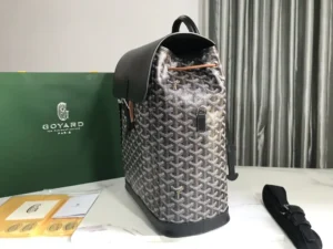 Goyard Alpin backpack in a stylish design, showcasing signature pattern and leather accents, placed beside brand packaging and accessories.