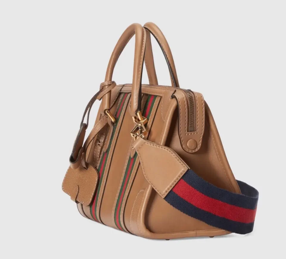 Gucci Duffle Bag medium tan leather with green red striped canvas and navy red shoulder strap