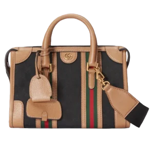 Gucci Ophidia Small Top Handle Bag black beige canvas leather with green red web stripe