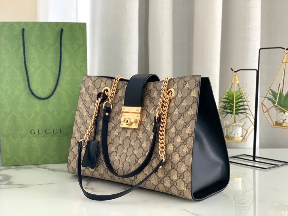 Gucci Padlock medium tote bag beige ebony GG canvas black leather gold chain straps