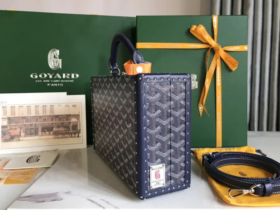 Goyard bag blue monogram canvas with leather trim and studded detailing includes detachable leather strap