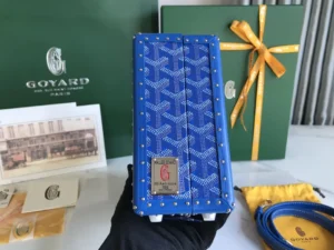 Goyard Saint Louis PM bag small blue chevron canvas leather trim with studs and metal plate