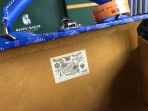Goyard handbag blue leather with tan suede interior and signature logo label inside