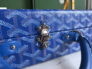 Goyard small trunk blue canvas bag with silver clasp and blue leather handles