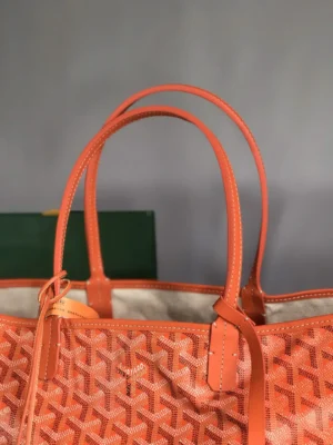 Goyard Saint Louis GM tote bag orange canvas brown leather trim handles
