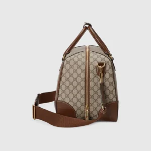 Gucci Duffle Bag medium beige monogram canvas brown leather trim with gold hardware and detachable strap