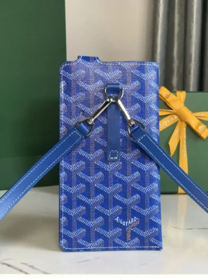 Goyard phone holder blue chevron canvas crossbody bag with leather straps and silver hardware