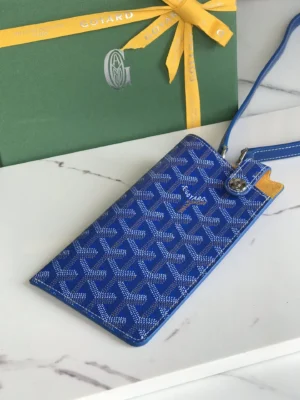 Goyard phone holder blue canvas leather trim wrist strap accessory with signature pattern and snap closure
