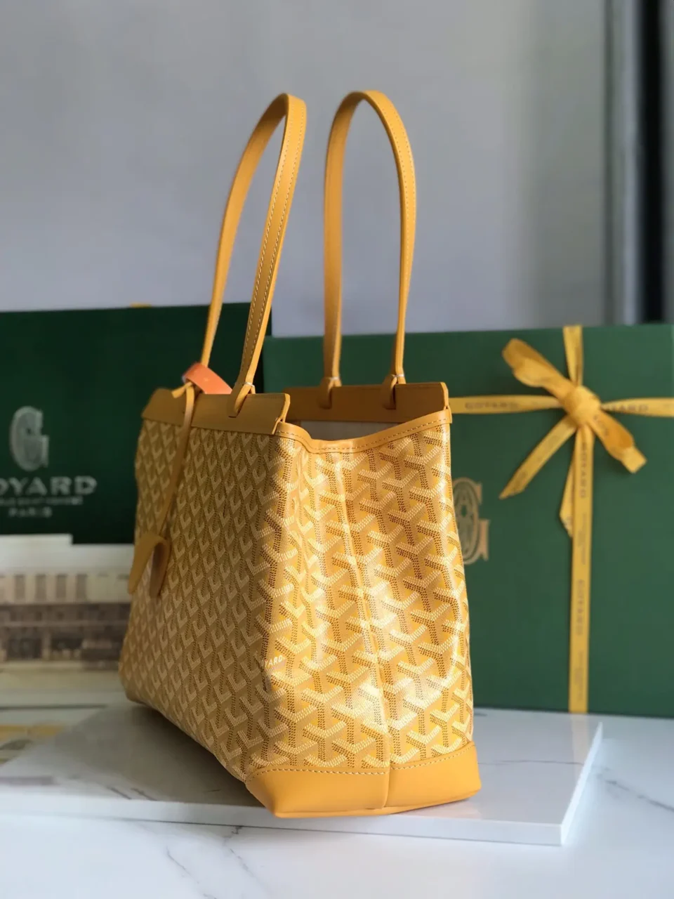 Goyard Saint Louis PM tote bag yellow coated canvas leather trim with long shoulder straps