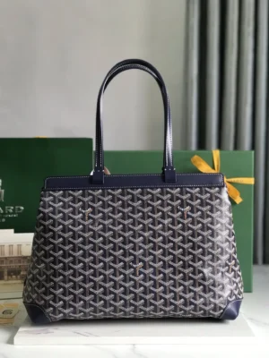 Goyard Tote Bag Commuter Series with spacious interior, featuring a unique pattern and dual handles, displayed against a green Goyard box.
