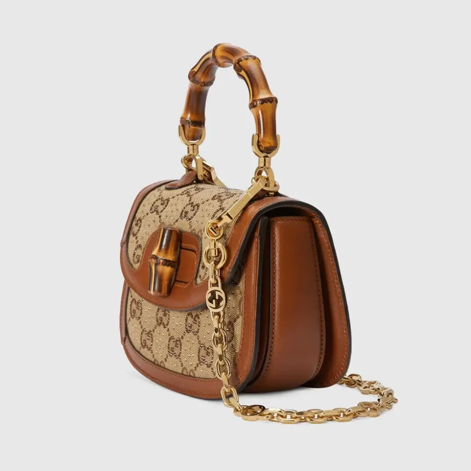 Gucci Diana Mini 1947 jacquard canvas bamboo handle top handle bag tan leather