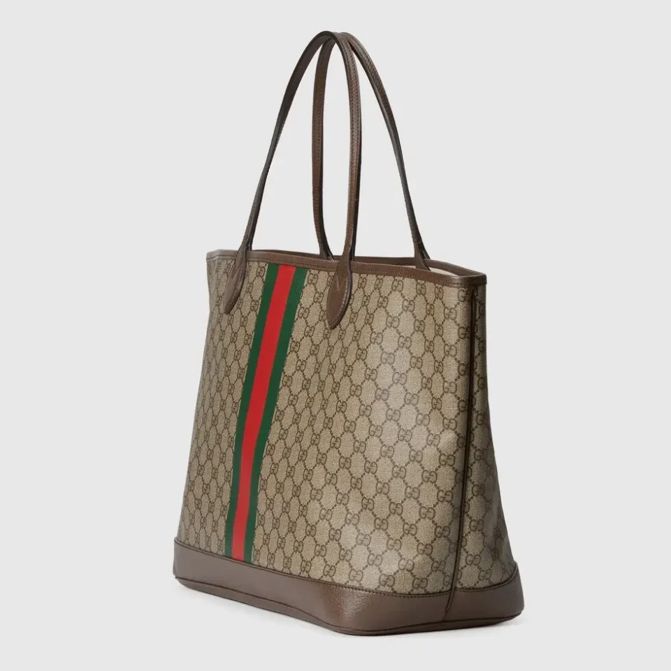 Gucci Ophidia GG Supreme Medium tote bag beige canvas brown leather green red stripe