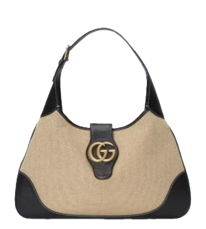 Gucci Jackie 1961 small beige canvas shoulder bag black leather trim gold GG logo