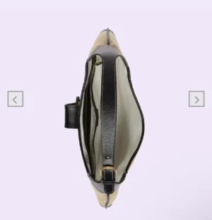 Gucci Cosmogonie Collection Small Handbag viewed from above, featuring a crescent shape, soft leather material, and double-G logo, with an adjustable shoulder strap and zippered pocket.