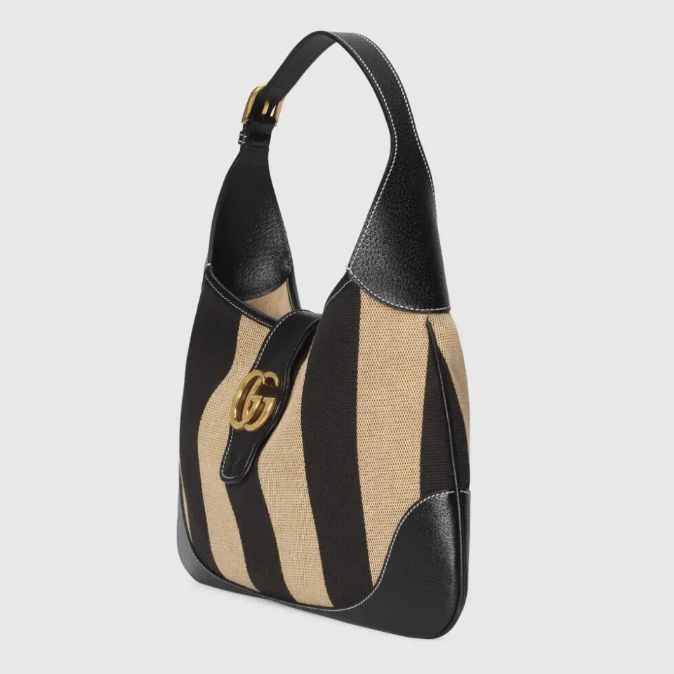 Gucci Jackie 1961 small striped canvas hobo bag beige black leather trim gold GG buckle