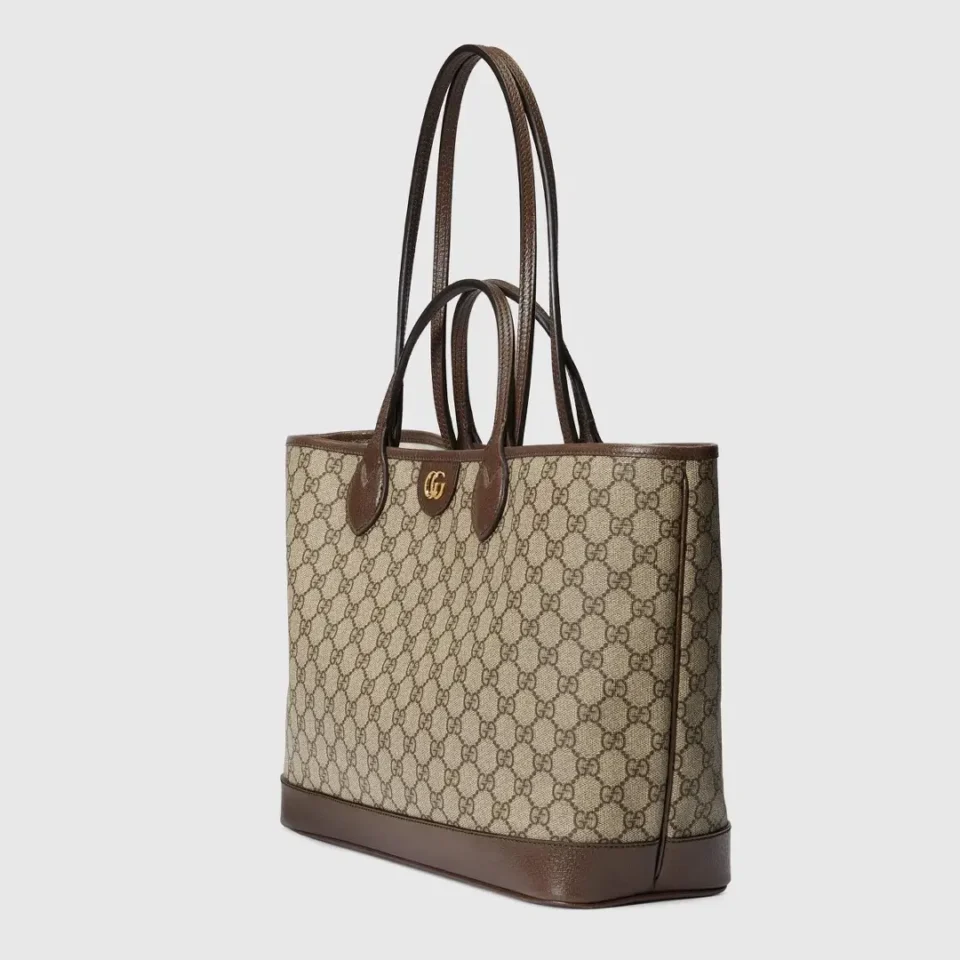 Gucci GG Supreme tote bag medium beige brown coated canvas leather trim with gold GG logo