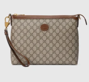 Interlocking Double G Postman Bag in black GG Supreme canvas with brown leather accents and a zip closure, featured as a luxury replica handbag from Gucci.