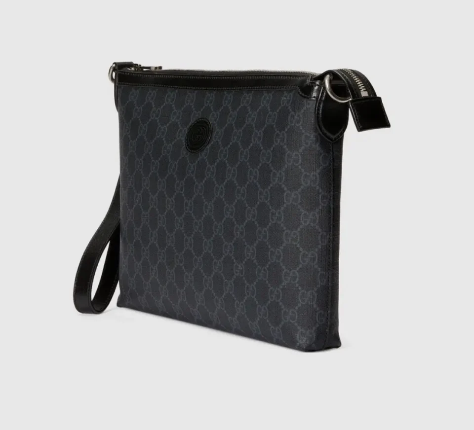 Gucci GG Supreme pouch black gray monogram canvas crossbody bag with leather trim