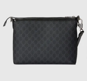 Interlocking Double G Postman Bag in black GG Supreme canvas, featuring a sleek design with rolled leather edges, available for $199.