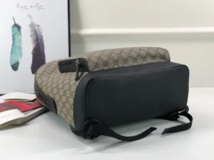 Gucci backpack medium size beige monogram canvas black leather trim and straps