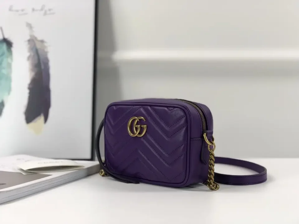 Gucci GG Marmont small crossbody bag purple chevron quilted leather with gold hardware chain strap
