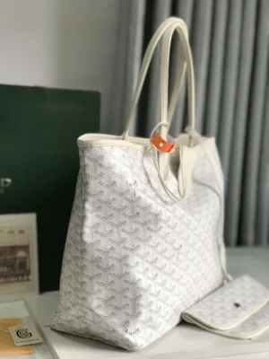 Goyard Saint Louis PM tote bag white and gray Goyardine canvas with leather trim and orange leather tag