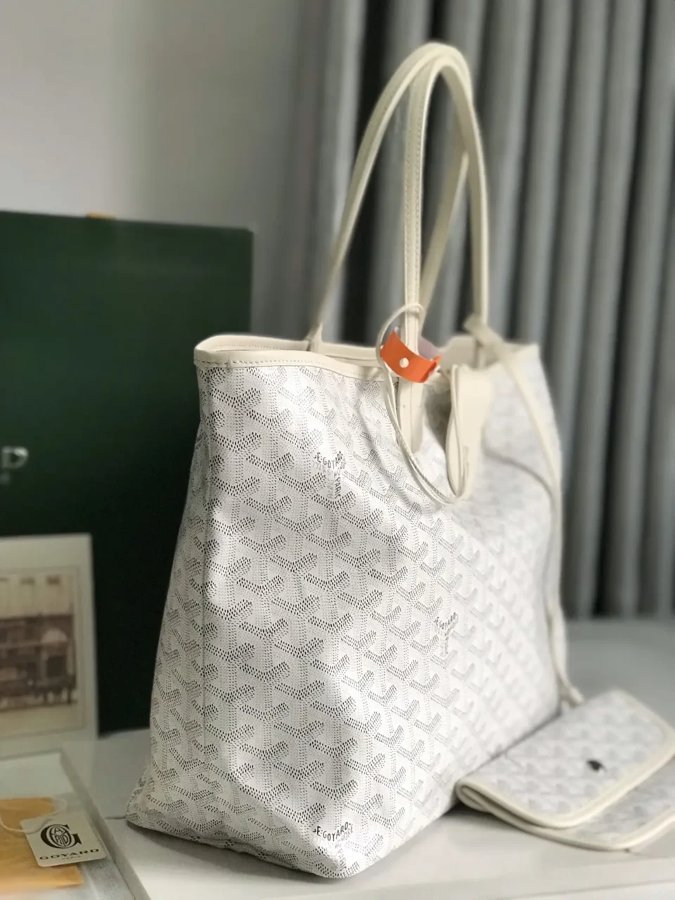 Goyard Saint Louis PM tote bag white and gray Goyardine canvas with leather trim and orange leather tag
