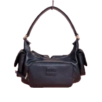 Black leather designer handbag with a structured silhouette and dual side pockets, showcased in the RepsGoat online store for affordable replica bags.