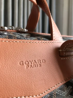 Goyard Saint Louis GM tote bag tan leather trim black and brown coated canvas with signature chevron pattern