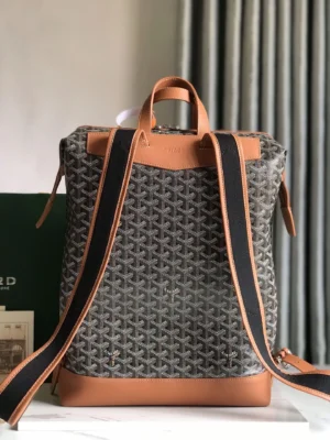Goyard backpack medium Size black and brown coated canvas with tan leather trim and adjustable straps