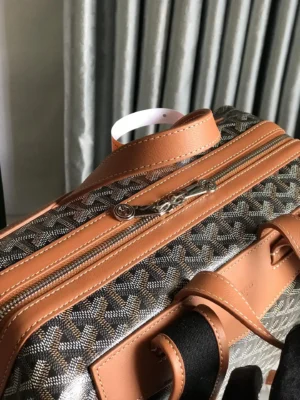 Goyard Anjou 35 GM 484140 brown leather monogram canvas travel duffle bag with beige stitching