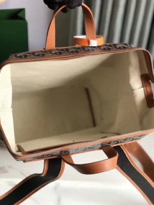 Goyard Artois PM tote bag beige canvas brown leather trim with open top and zipper closure