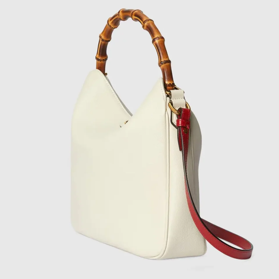 Gucci Jackie 1961 small shoulder bag white leather brown bamboo handle red leather strap