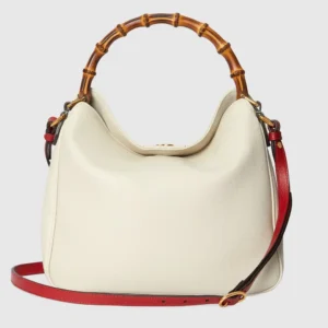 Gucci Diana 2000 medium white leather bag with bamboo handle red leather strap