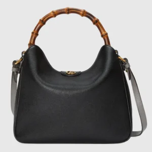 Gucci Diana Collection Medium Shoulder Bag featuring a bamboo handle and black leather design with gray contrasting shoulder straps.
