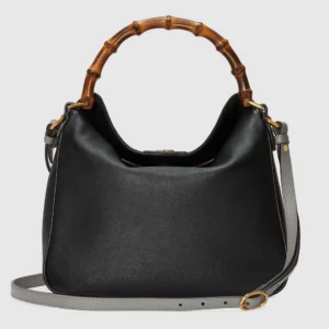Gucci Diana Collection Medium Shoulder Bag featuring a bamboo handle and gray leather shoulder strap, crafted in black leather.