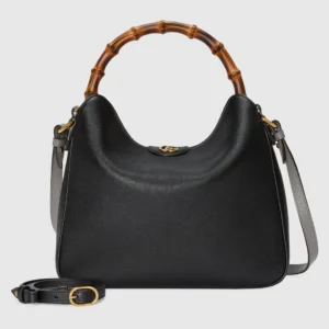 Gucci Diana Collection Medium Shoulder Bag featuring a bamboo handle and gray leather shoulder strap, crafted in black leather.