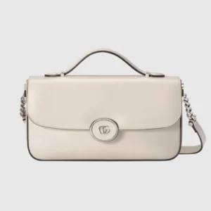 Gucci Petite GG Series Small Shoulder Bag in white leather featuring a mini double-G logo, adjustable strap, and sleek design.