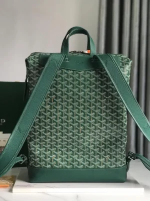 Goyard Cisalpin Backpack in green, featuring structured design, zipper closure, and wide shoulder straps, showcasing Goyardine canvas and calf leather materials.