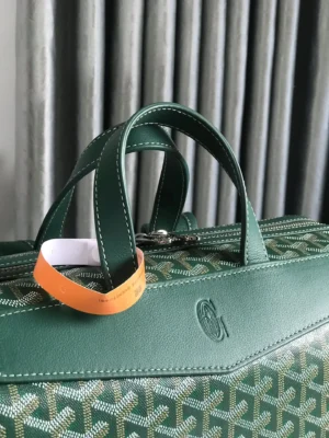 Goyard Cisalpin Backpack in green Goyardine canvas with leather accents and structured zipper closure, showcasing top handles and an orange tag, against a textured backdrop.