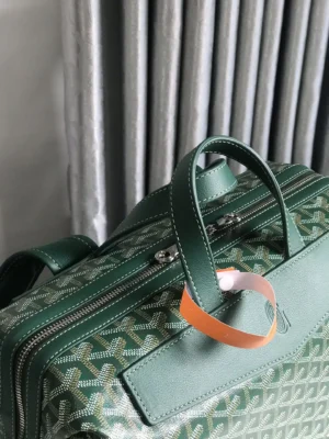 Goyard Cisalpin Backpack in green Goyardine canvas with top layer calf leather, featuring a structured design and zipper closure, displayed against a backdrop of vertical silver drapes.
