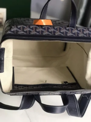 Interior view of Goyard Cisalpin Backpack showcasing spacious compartment, structured zipper closure, and Goyardine canvas design.