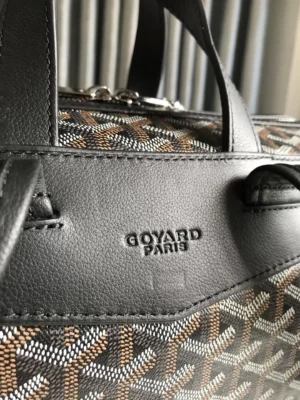 Close-up of Goyard Cisalpin Backpack showcasing Goyard Paris logo and signature canvas pattern with leather handles.