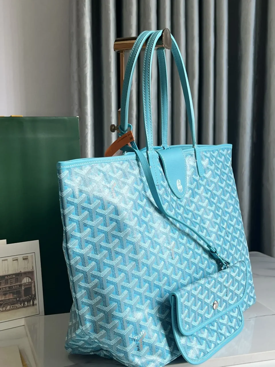 Goyard Saint Louis GM tote bag turquoise blue chevron canvas leather trim with detachable pouch