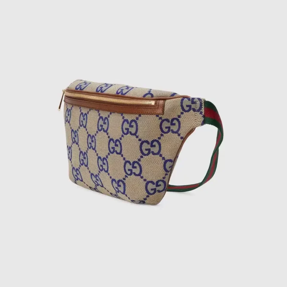 Gucci Ophidia GG small beige canvas waist bag with blue GG pattern brown leather trim and green red striped strap