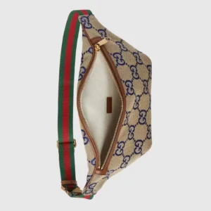 Gucci Ophidia GG beige indigo canvas belt bag brown leather trim green red web strap