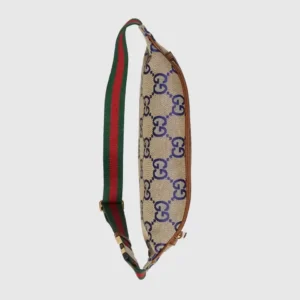 Gucci GG Supreme belt bag beige blue canvas with brown leather trim and green red striped strap