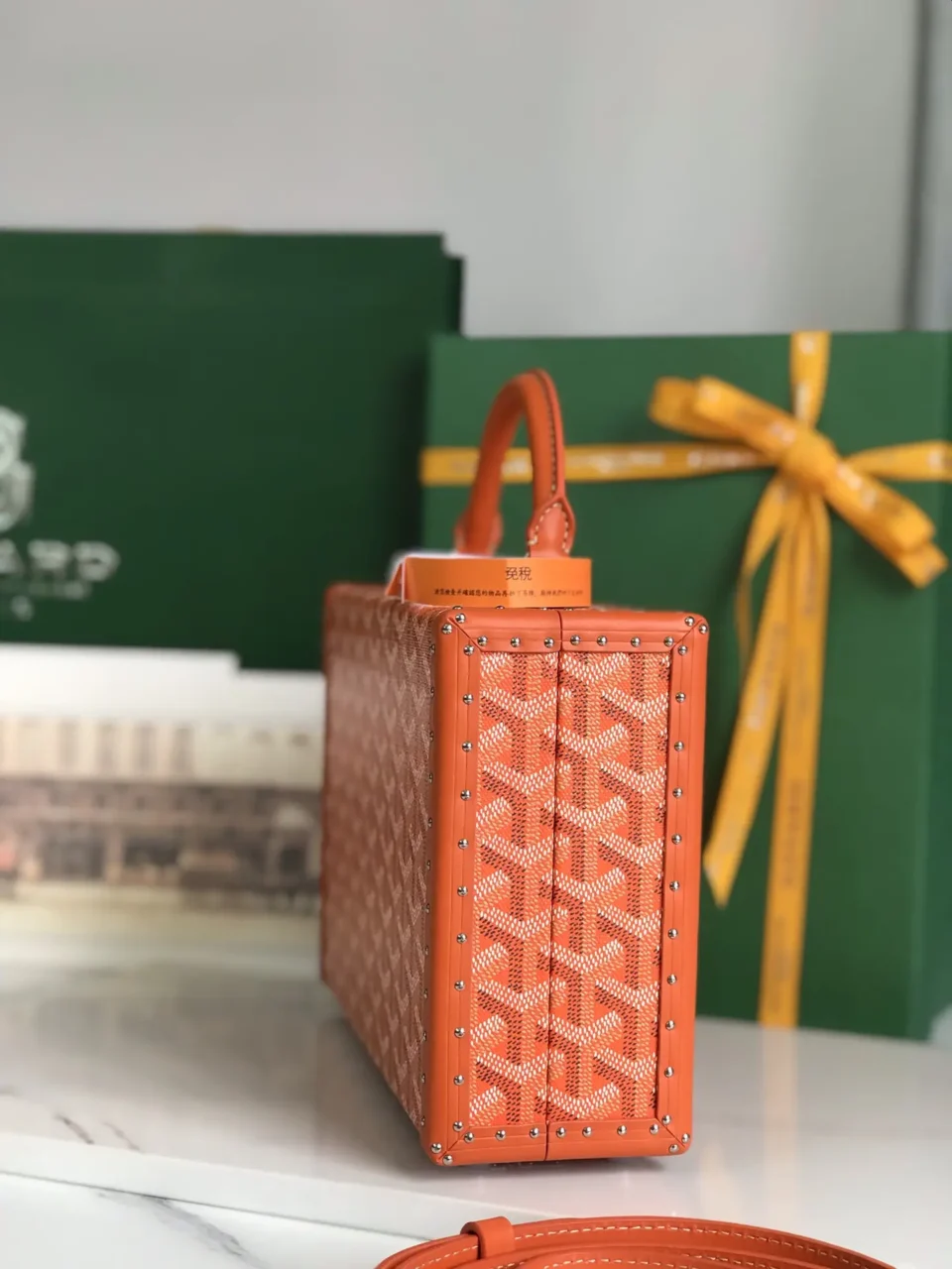 Goyard Saint Louis GM tote bag orange canvas leather trim studded detailing