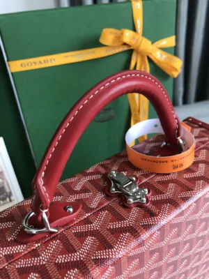 Goyard Alpin 27 red leather trimmed monogram canvas suitcase with silver hardware and top handle