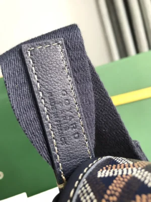 Goyard bag strap navy canvas leather trim with beige stitching close-up detail